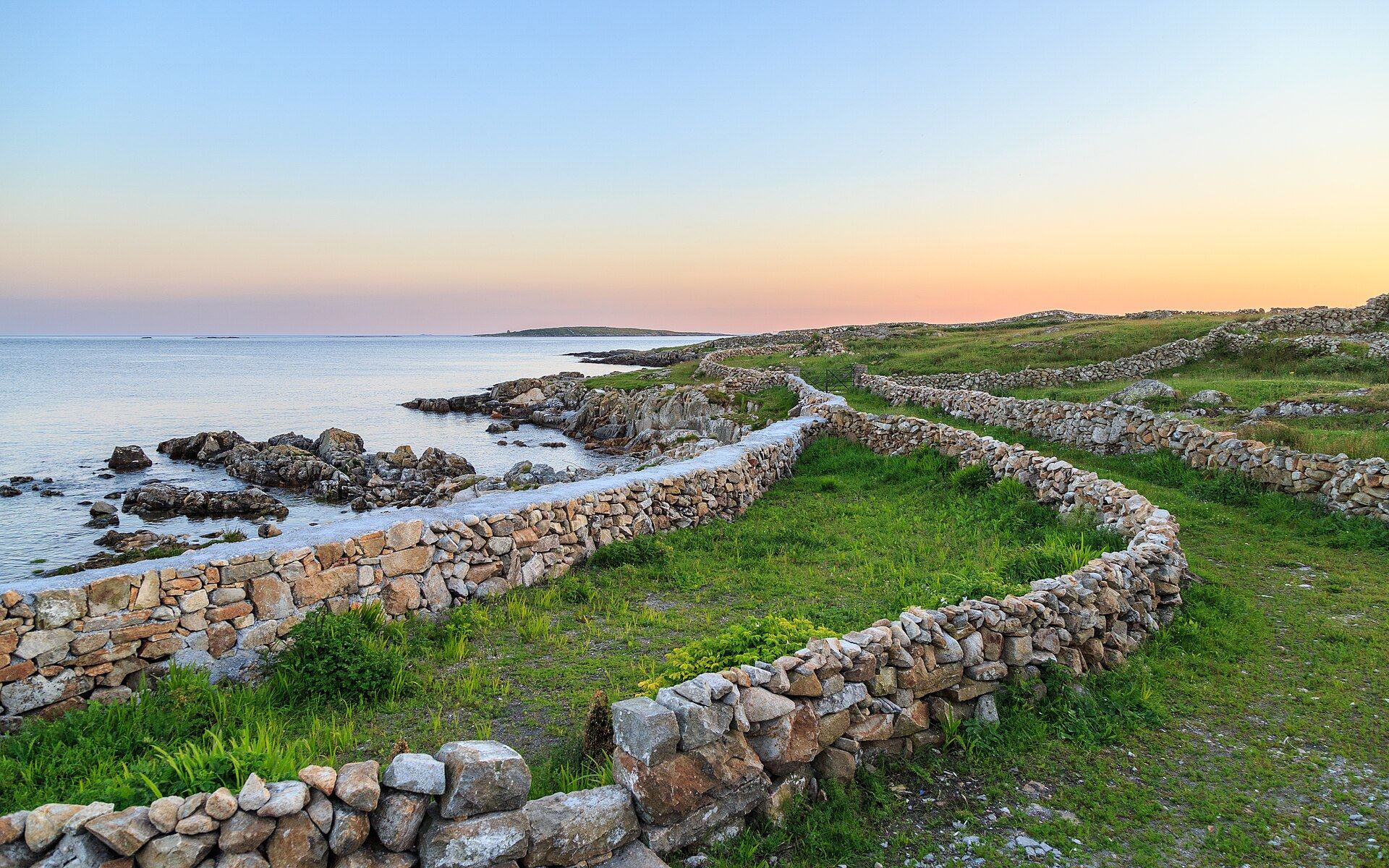 Dry stone walls running toward the Connemara coast